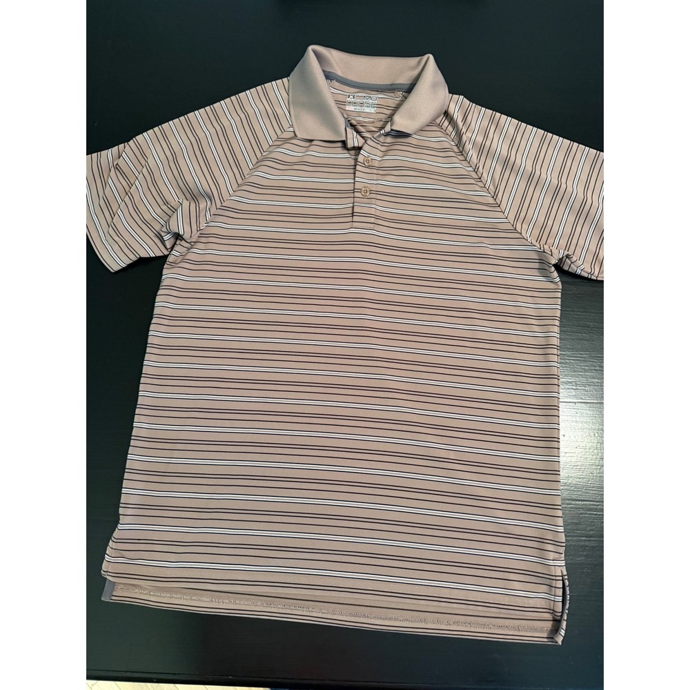 Under Armour Mens HeatGear Loose Fit Striped Golf Polo Shirt Tan Khaki Medium